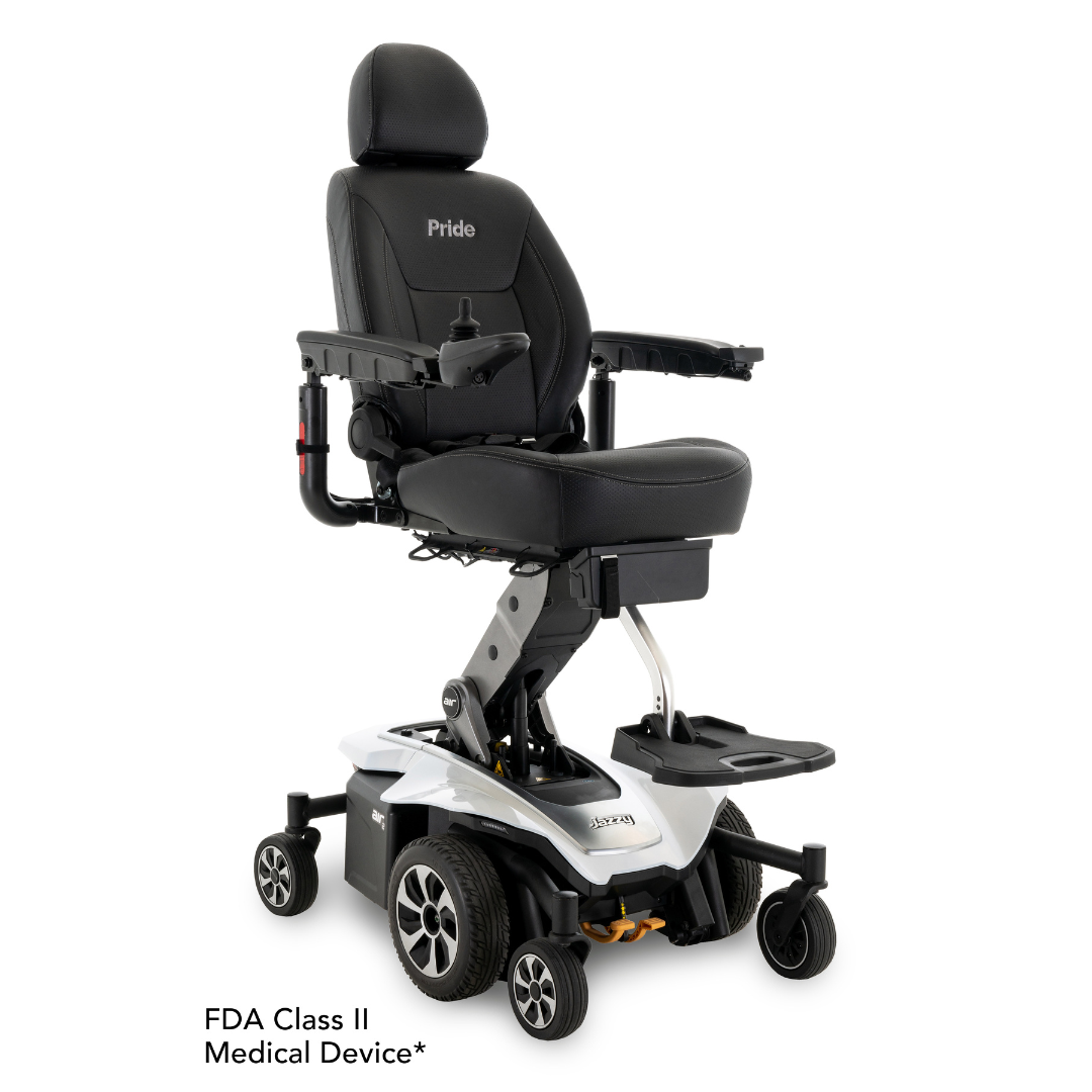 The Pride Mobility Jazzy Air®2 Powerchair boasts a joystick controller, elevated seat, armrests, footrest, and compact four-wheel base. This FDA Class II Medical Device ensures superior mobility. The seat is designed for optimal comfort and support.